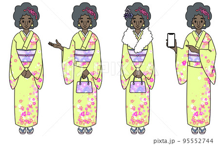 着物を着た黒人女性セット　インバウンドのイラスト　マスクなし 95552744
