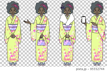 着物を着た黒人女性セット　インバウンドのイラスト　マスクなし 95552744