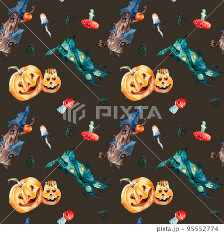 Smiling pumpkins and whimsical houses watercolor seamless pattern isolated on dark. Smiling pumpkins and whimsical houses watercolor seamless pattern isolated on dark. 95552774