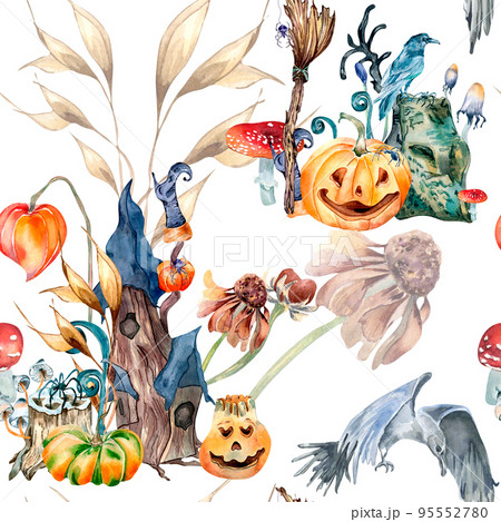 Colorful Halloween fairy house watercolor seamless pattern isolated on white. 95552780