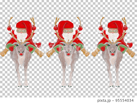 Watercolor illustrations. Santa Claus riding a deer. Seamless border for your Christmas decor Watercolor illustrations. Santa Claus riding a deer. Seamless border for your Christmas decor 95554034