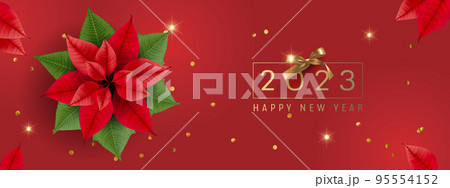 Happy new year vector illustration, background. Elegant Christmas banner with realistic 3d elements on red Happy new year vector illustration, background. Elegant Christmas banner with realistic 3d elements on red 95554152
