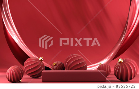 3D abstract Christmas red background with red Christmas ornaments 95555725
