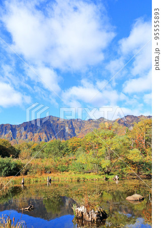 錦秋の秋山郷　朝の天池と鳥甲山 95555893