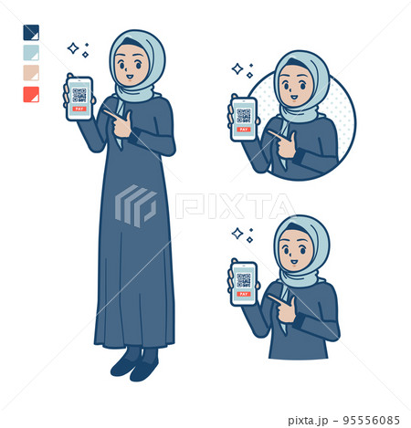 ヒジャブを身につけたアラビア人女性がスマートフォンでキャッシュレス決済しているイラスト 95556085