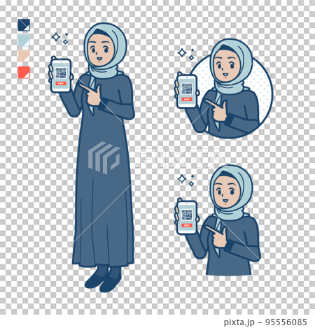 ヒジャブを身につけたアラビア人女性がスマートフォンでキャッシュレス決済しているイラスト 95556085