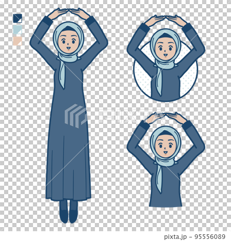 Illustration of an Arabian woman wearing a hijab making a circle with her arms 95556089