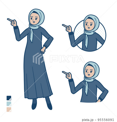 ヒジャブを身につけたアラビア人女性が指差して解説しているイラスト 95556091