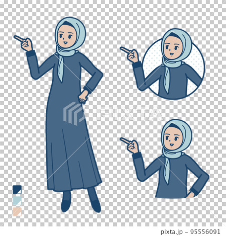 ヒジャブを身につけたアラビア人女性が指差して解説しているイラスト 95556091