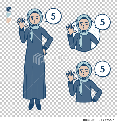 Illustration of an Arabic woman wearing a hijab counting 5 95556097