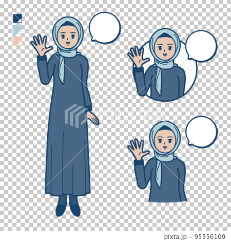 Illustration of an Arabic woman wearing a hijab greeting Illustration of an Arabic woman wearing a hijab greeting 95556109
