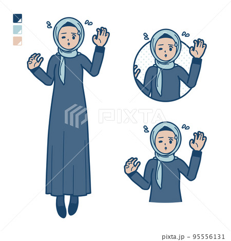ヒジャブを身につけたアラビア人女性があわてているイラスト 95556131