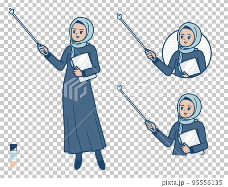 Illustration of an Arabic woman wearing a hijab explaining with a pointing stick Illustration of an Arabic woman wearing a hijab explaining with a pointing stick 95556135