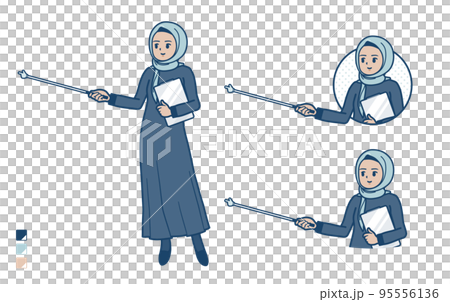 Illustration of an Arabic woman wearing a hijab explaining with a pointing stick Illustration of an Arabic woman wearing a hijab explaining with a pointing stick 95556136