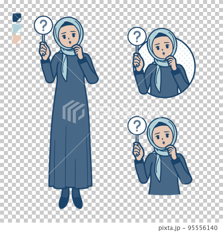 Illustration of an Arabic woman wearing a hijab showing a question mark panel 95556140
