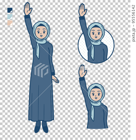 Illustration of an arabic woman wearing a hijab raising her hand 95556142