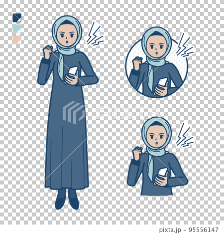Illustration of an arabic woman wearing a hijab holding a smartphone and getting angry 95556147
