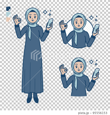 Illustration of an Arabic woman wearing a hijab holding a smartphone and making an OK sign 95556153