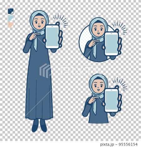 Illustration of an Arabic woman wearing a hijab presenting a smartphone 95556154