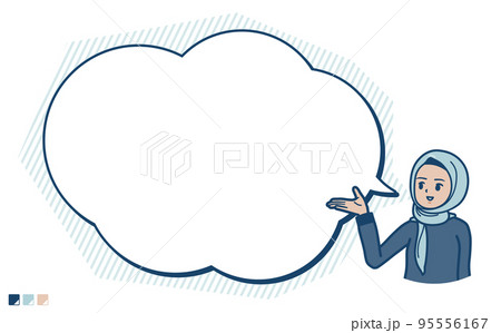 ヒジャブを身につけたアラビア人女性が吹き出しで解説しているイラスト 95556167