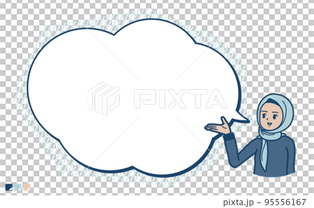ヒジャブを身につけたアラビア人女性が吹き出しで解説しているイラスト 95556167