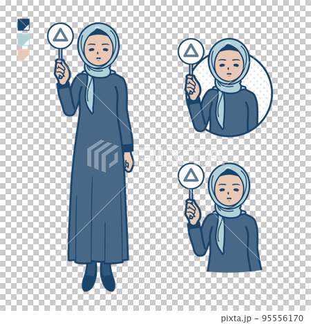ヒジャブを身につけたアラビア人女性が三角印パネルを出すイラスト 95556170