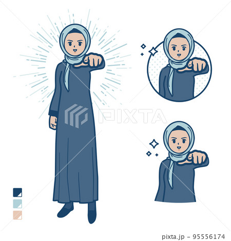 ヒジャブを身につけたアラビア人女性が正面を指差しているイラスト ヒジャブを身につけたアラビア人女性が正面を指差しているイラスト 95556174