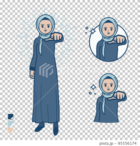 ヒジャブを身につけたアラビア人女性が正面を指差しているイラスト ヒジャブを身につけたアラビア人女性が正面を指差しているイラスト 95556174