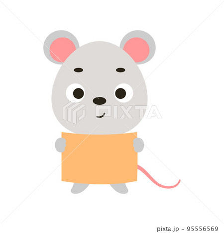 Cute little mouse holding paper sheet on white background. Cartoon animal character for kids t-shirt, nursery decoration, baby shower, greeting card, house interior. Vector stock illustration 95556569