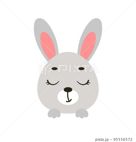 Cute little bunny head with closed eyes. Cartoon animal character for kids t-shirts, nursery decoration, baby shower, greeting card, invitation, house interior. Vector stock illustration Cute little bunny head with closed eyes. Cartoon animal character for kids t-shirts, nursery decoration, baby shower, greeting card, invitation, house interior. Vector stock illustration 95556572