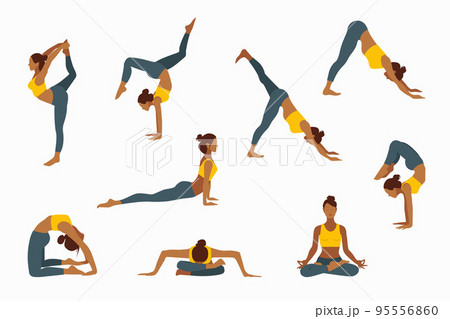 Yoga poses. Wellness training in flat vector illustration. Yoga poses. Wellness training in flat vector illustration. 95556860
