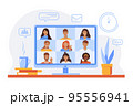 Video conference, group video chat. Business team faces, video meeting online on laptop screen. 95556941