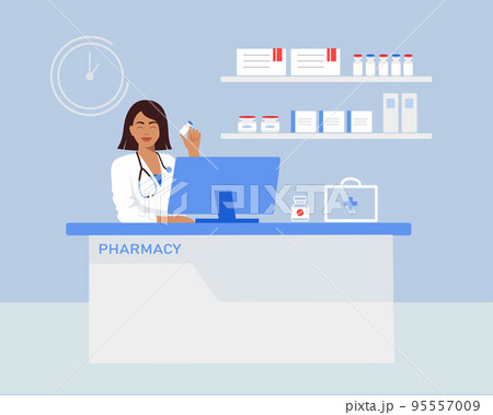 Pharmacy. A pharmacist is ready to advise, sell medicines. 95557009