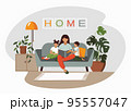 Family room interior design. Mom reads a book to the children. 95557047