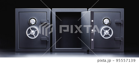 3D illustration. Three safe deposit boxes with one door open. 3D illustration. Three safe deposit boxes with one door open. 95557139