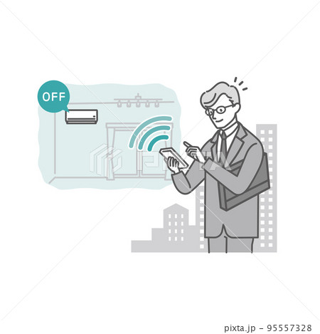 スマートホーム：エアコン_外出先からスマホアプリで家のエアコンを消す若い男性 95557328