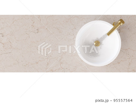 Washbasin mit faucet and cabinet isolated on white background. Top view. Cut out bathroom furniture. Modern sink. Modern interior design element. Cleanliness, washing, routine. Copy space. 3D render. 95557564