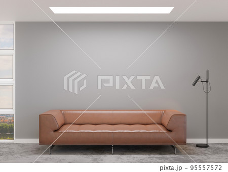 Empty gray wall in modern living room. Mock up interior in contemporary style. Copy space for picture, poster. Template for artwork. Brown leather sofa, concrete floor. Leather furniture. 3D render. Empty gray wall in modern living room. Mock up interior in contemporary style. Copy space for picture, poster. Template for artwork. Brown leather sofa, concrete floor. Leather furniture. 3D render. 95557572