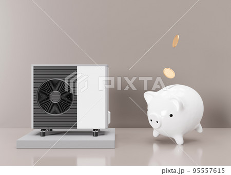 Air heat pump and piggy bank with falling coins on beige background. Modern, environmentally friendly heating. Save your money with air source heat pump. Copy space for text, advertising. 3d render. Air heat pump and piggy bank with falling coins on beige background. Modern, environmentally friendly heating. Save your money with air source heat pump. Copy space for text, advertising. 3d render. 95557615