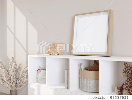 Empty white table top and blurred kids room interior on the
