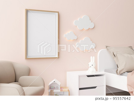 Empty vertical picture frame hanging on the wall in modern child room. Frame mock up in contemporary style. Free, copy space for picture, poster. Toys, bed, armchair. Close up view. 3D rendering. 95557642