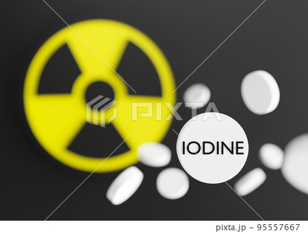 Anti-Radiation Pills, Iodine tablets, tablets for radiation protection. Potassium iodine tablet protecting against the dangers of accidental exposure to radioactivity. Nuclear threats. 3d rendering. 95557667