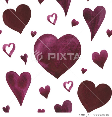 Watercolor heart dark red color seamless pattern isolated on white. Watercolor hand drawn illustration. Art for design 95558040