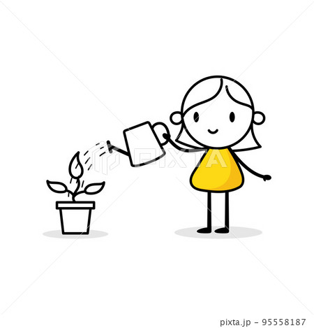 Woman is watering a plant with a watering can. Boy gardener grows plant. Green economy and forestation concept. Vector stock illustration 95558187