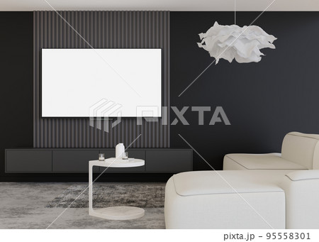 LED TV with blank white screen, hanging on the wall at home. TV mock up. Copy space for advertising, movie, app presentation. Empty television screen ready for your design. Modern interior. 3D render. LED TV with blank white screen, hanging on the wall at home. TV mock up. Copy space for advertising, movie, app presentation. Empty television screen ready for your design. Modern interior. 3D render. 95558301