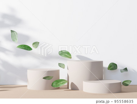 White round podiums set with leaves, flying in the air, on white background. Natural podiums for product, cosmetic presentation. Mock up. Stage for beauty products. Empty scene. 3D rendering. White round podiums set with leaves, flying in the air, on white background. Natural podiums for product, cosmetic presentation. Mock up. Stage for beauty products. Empty scene. 3D rendering. 95558635