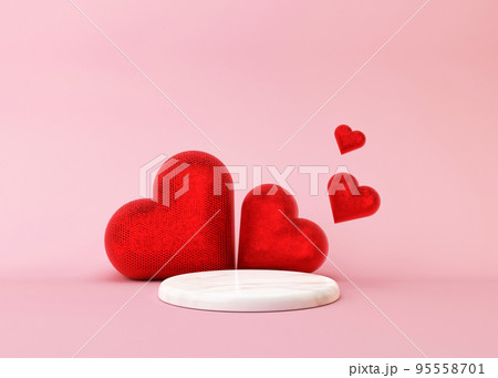 White marble podium with red hearts on pink background. Valentine's Day. Podium for product, cosmetic presentation. Creative mock up. Pedestal or platform for beauty products. 3D illustration. 95558701