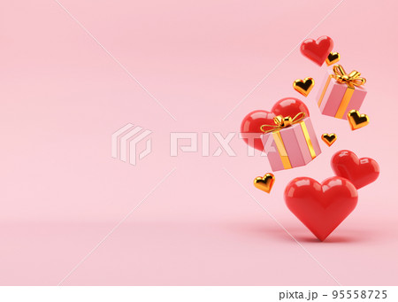 Red hearts and presents flying on pink background. Valentine's Day backdrop with free space for text, copy space. Postcard, greeting card design. 3D illustration. Love. 95558725