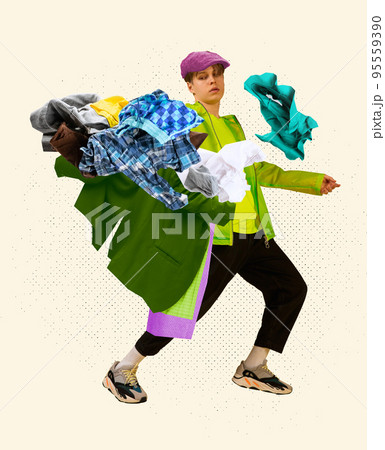 Youth style. Young stylish man wearing different clothes dancing isolated on white background. Shopping addiction, black Friday, great sales concept. Youth style. Young stylish man wearing different clothes dancing isolated on white background. Shopping addiction, black Friday, great sales concept. 95559390