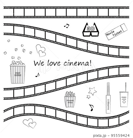映画館とフィルムのイラストセット2　モノクロ線画 95559424